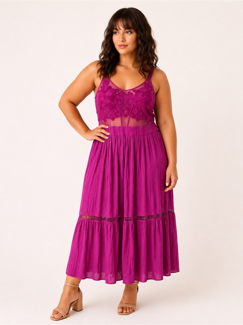 Sleeveless Lace Bodice Midi Dress in Magenta